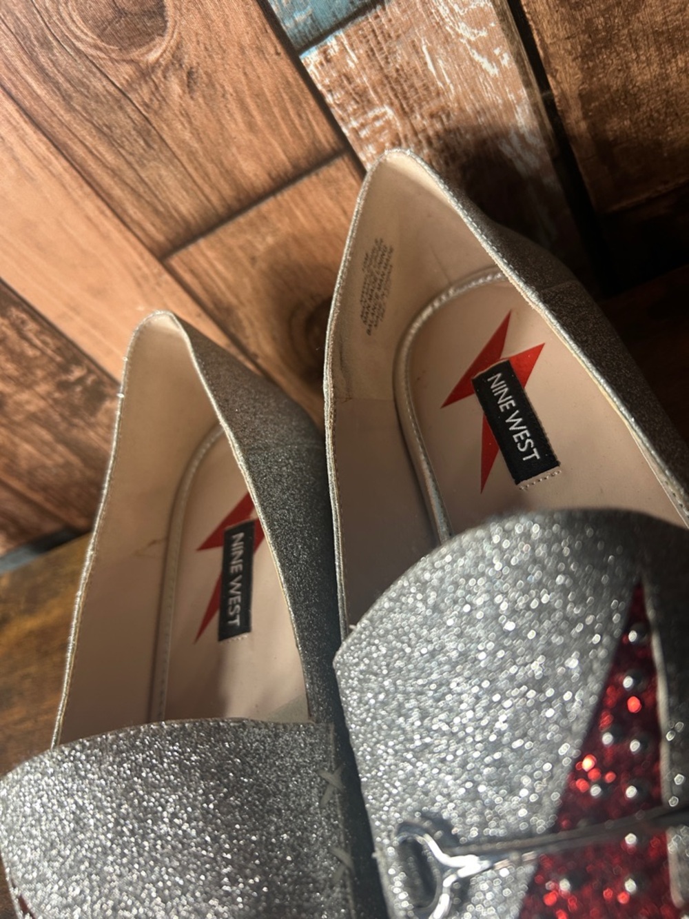Nine West Silver Glitter Slip-On Loafers with Red Lightning Detail - Picture 15 of 16